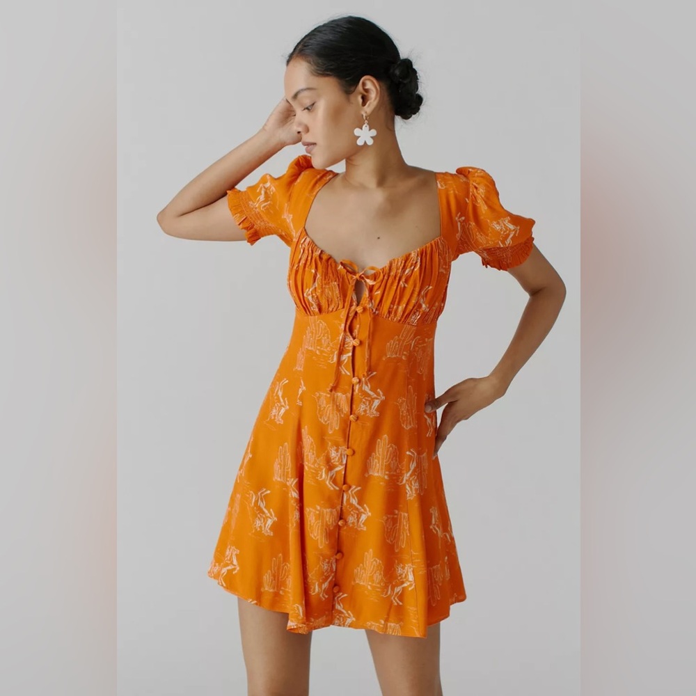 Urban Outfitters Persephone Flowy Mini Dress Orange Cactus and Horse Print - S